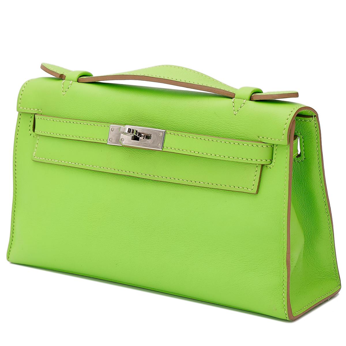 HERMÈS Kelly Pochette in Apple Green Swift leather with Palladium hardware - 2