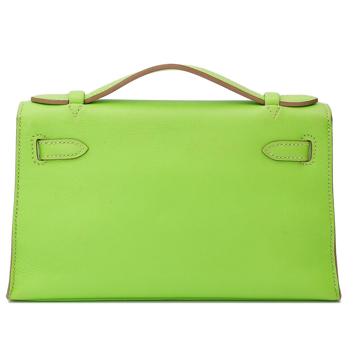 HERMÈS Kelly Pochette in Apple Green Swift leather with Palladium hardware - 3