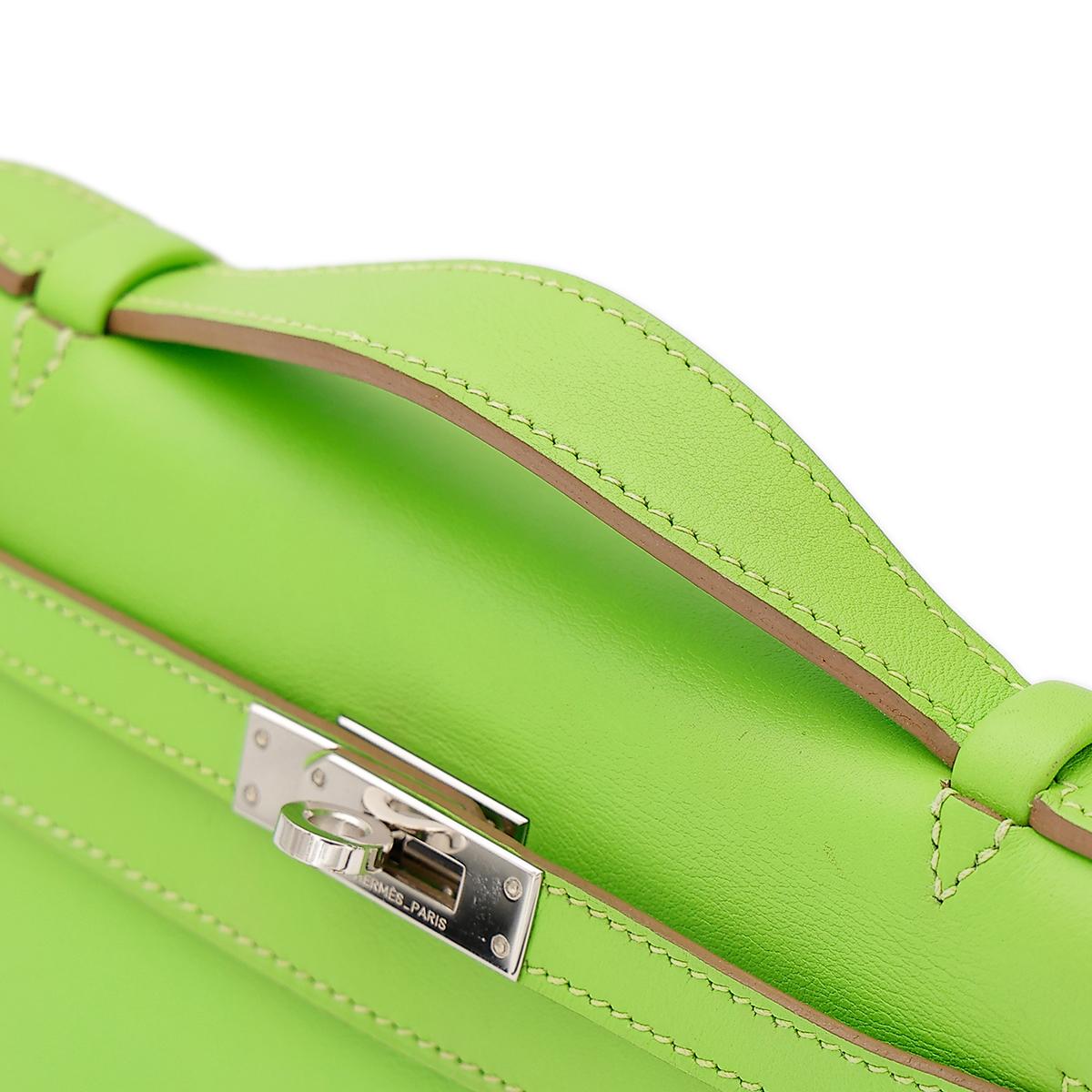HERMÈS Kelly Pochette in Apple Green Swift leather with Palladium hardware - 6