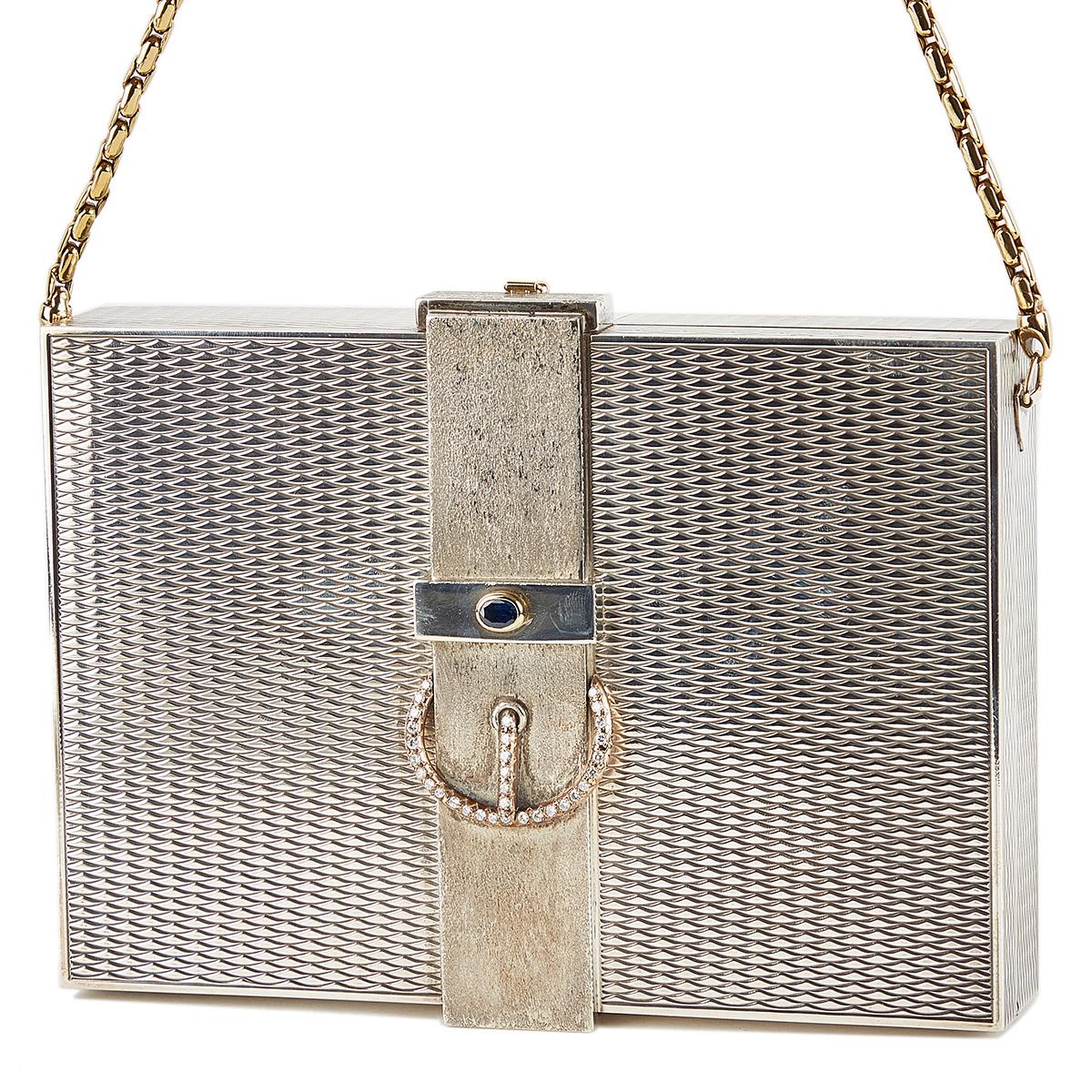 HERMÈS Vintage Sterling Silver Chain Box evening bag with Diamond and Gem - 3