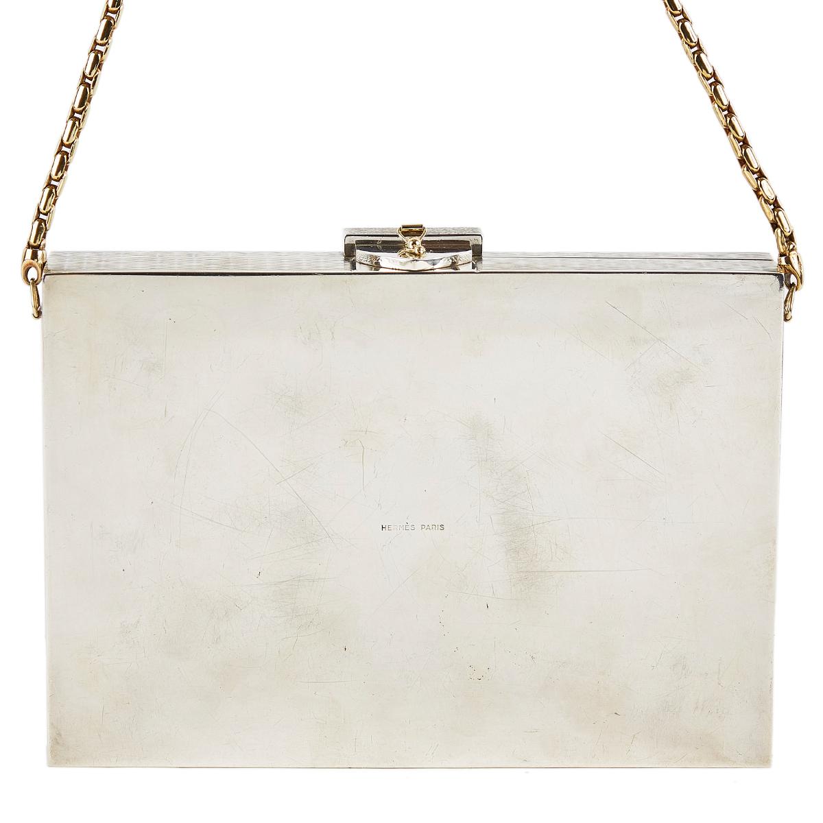 HERMÈS Vintage Sterling Silver Chain Box evening bag with Diamond and Gem - 4