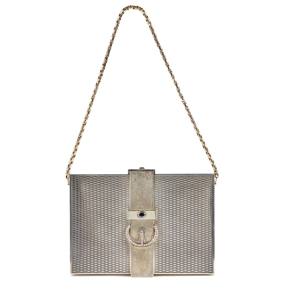 HERMÈS Vintage Sterling Silver Chain Box evening bag with Diamond and Gem - 1