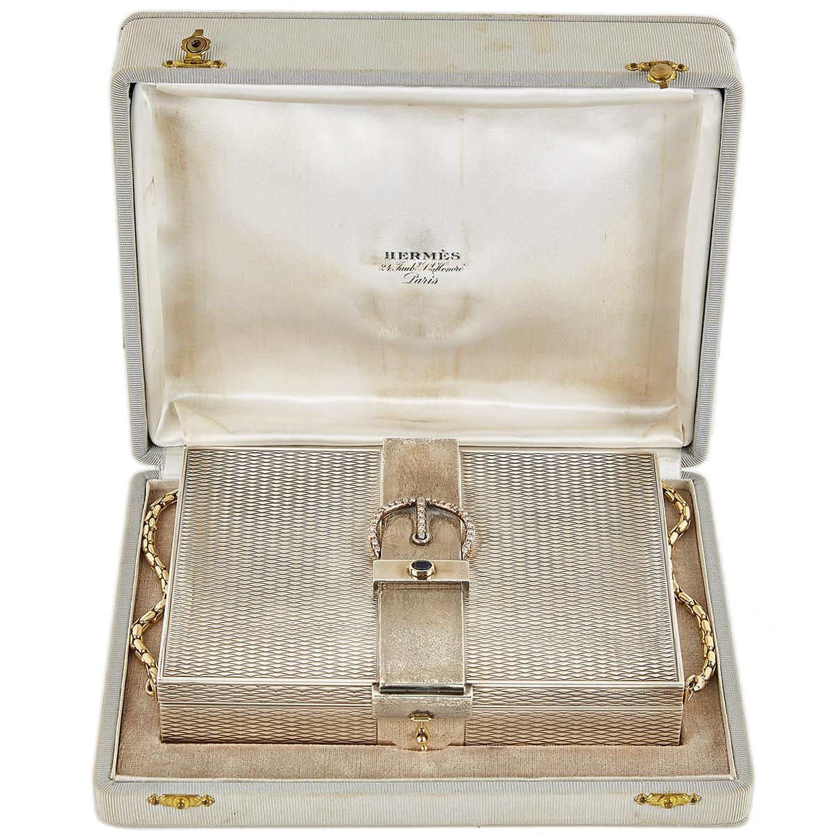 HERMÈS Vintage Sterling Silver Chain Box evening bag with Diamond and Gem - 18