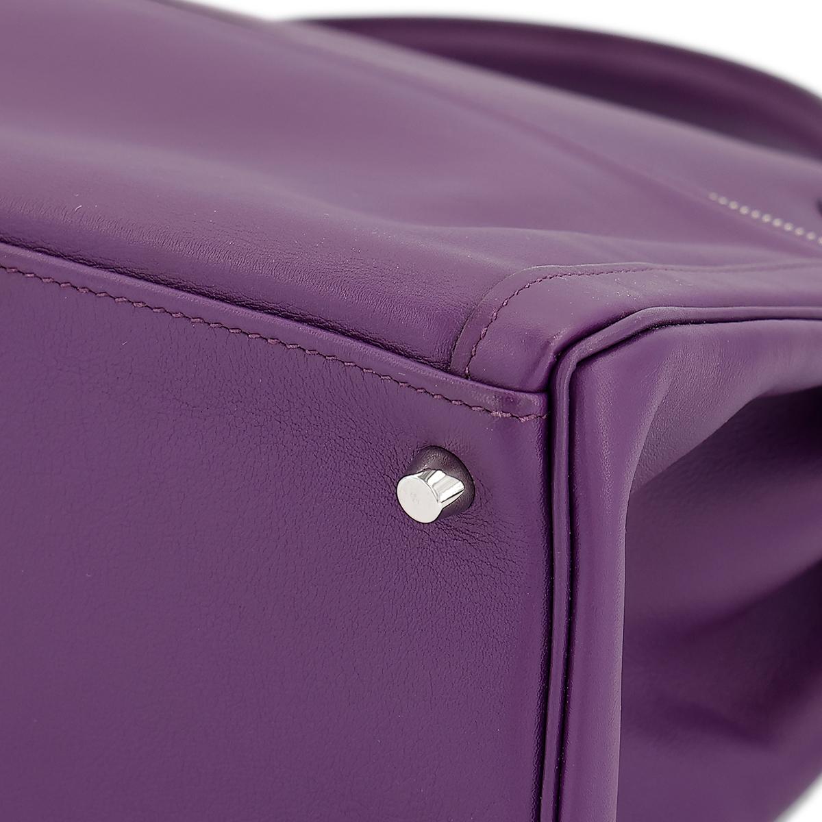 HERMÈS Kelly Lakis 35 handbag in Ultraviolet Swift leather with Palladium hardware - 11
