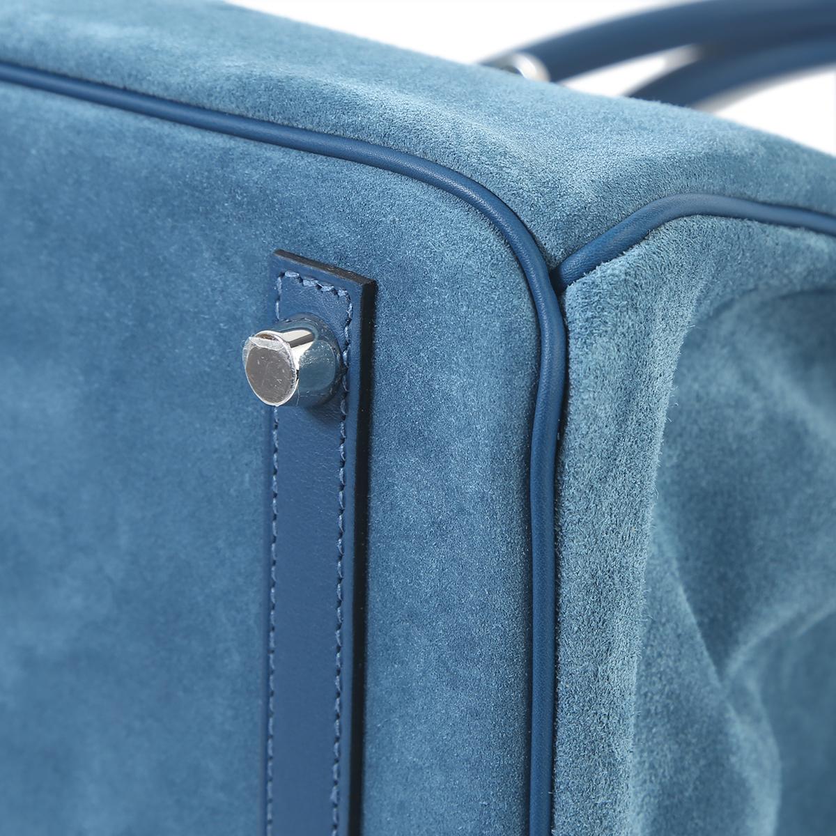 HERMÈS Birkin 30 handbag in Blue Thalassa Swift leather and Doblis suede with Palladium hardware - 11