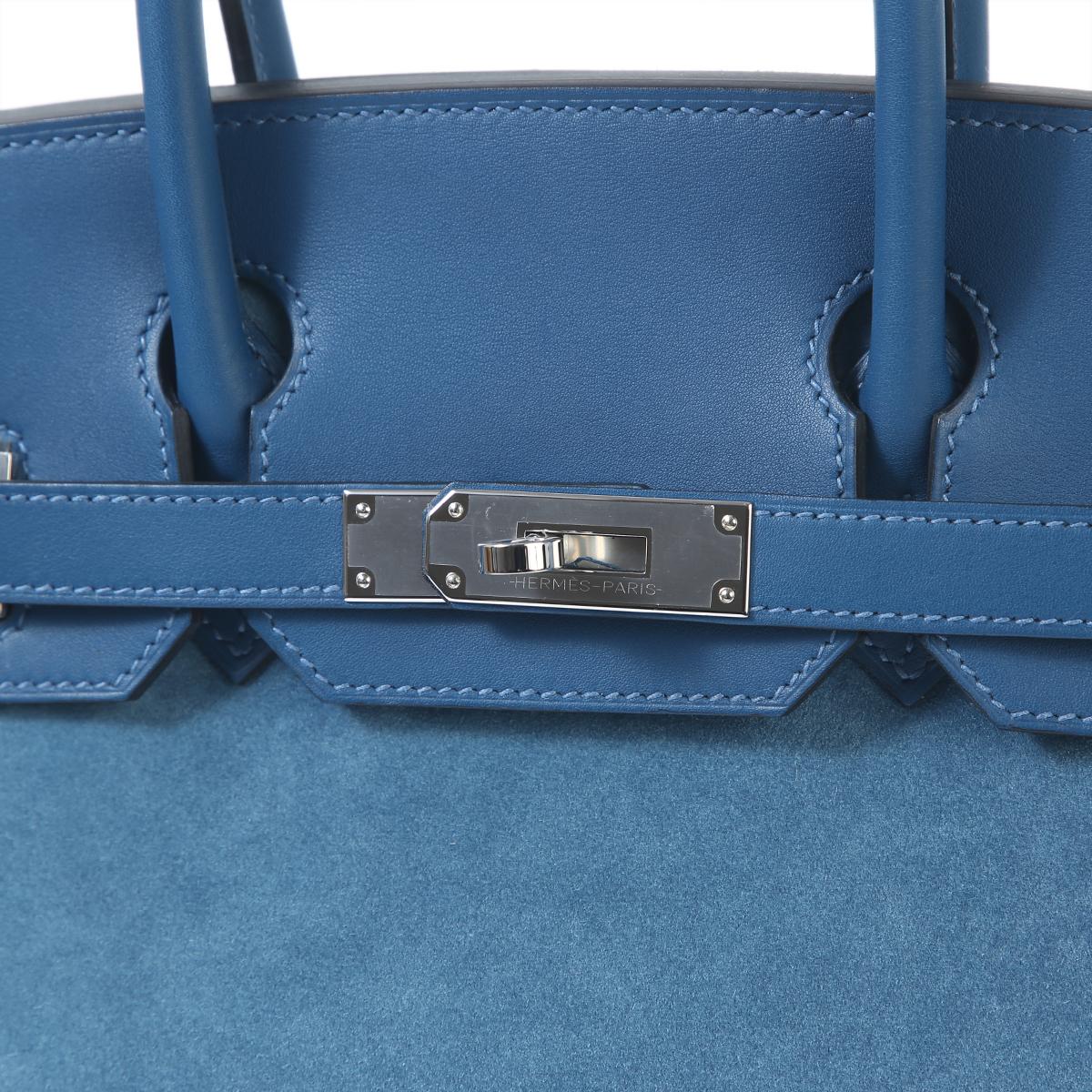 HERMÈS Birkin 30 handbag in Blue Thalassa Swift leather and Doblis suede with Palladium hardware - 12