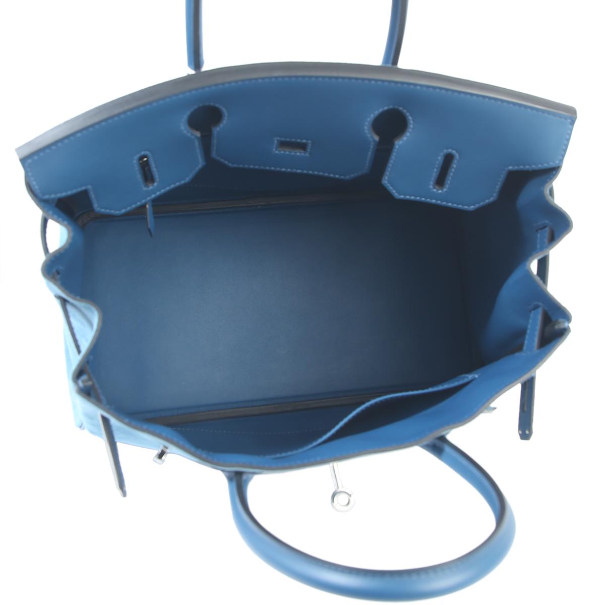HERMÈS Birkin 30 handbag in Blue Thalassa Swift leather and Doblis suede with Palladium hardware - 13