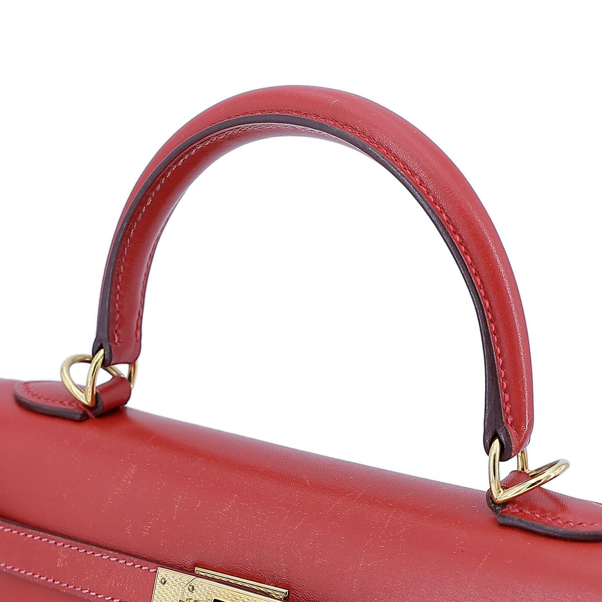 HERMÈS Kelly 25 Sellier handbag in Vermillon Box calfskin with Guilloche hardware - 7