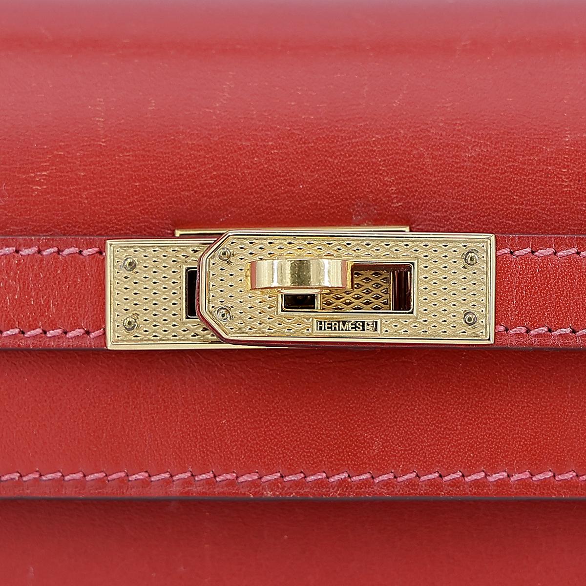 HERMÈS Kelly 25 Sellier handbag in Vermillon Box calfskin with Guilloche hardware - 14