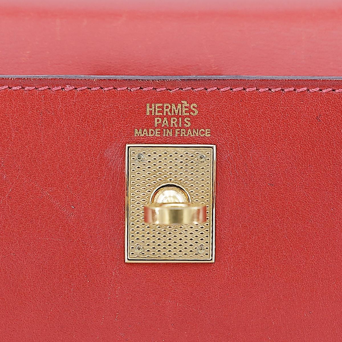 HERMÈS Kelly 25 Sellier handbag in Vermillon Box calfskin with Guilloche hardware - 15
