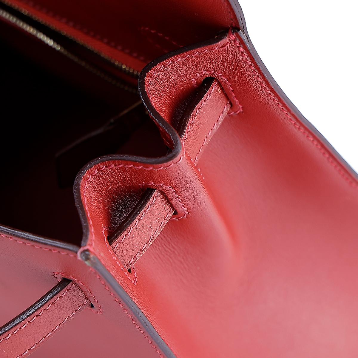 HERMÈS Kelly 25 Sellier handbag in Vermillon Box calfskin with Guilloche hardware - 21