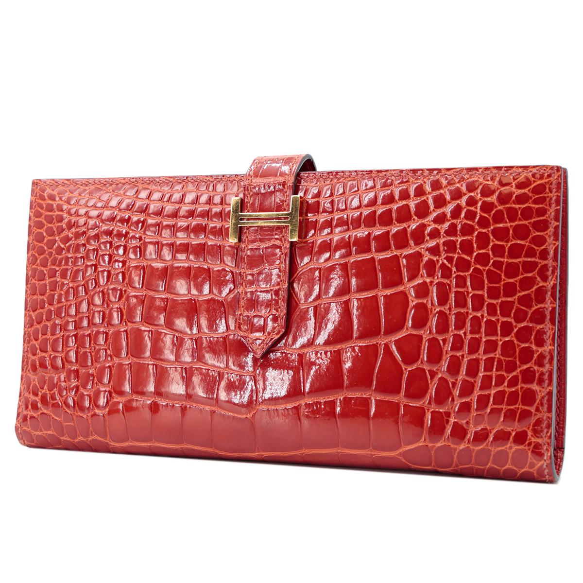 Very Good ( Rank A) HERMÈS Bearn Soufflet Sanguine (9M) Alligator Gold hardware Square R (2014) - 2