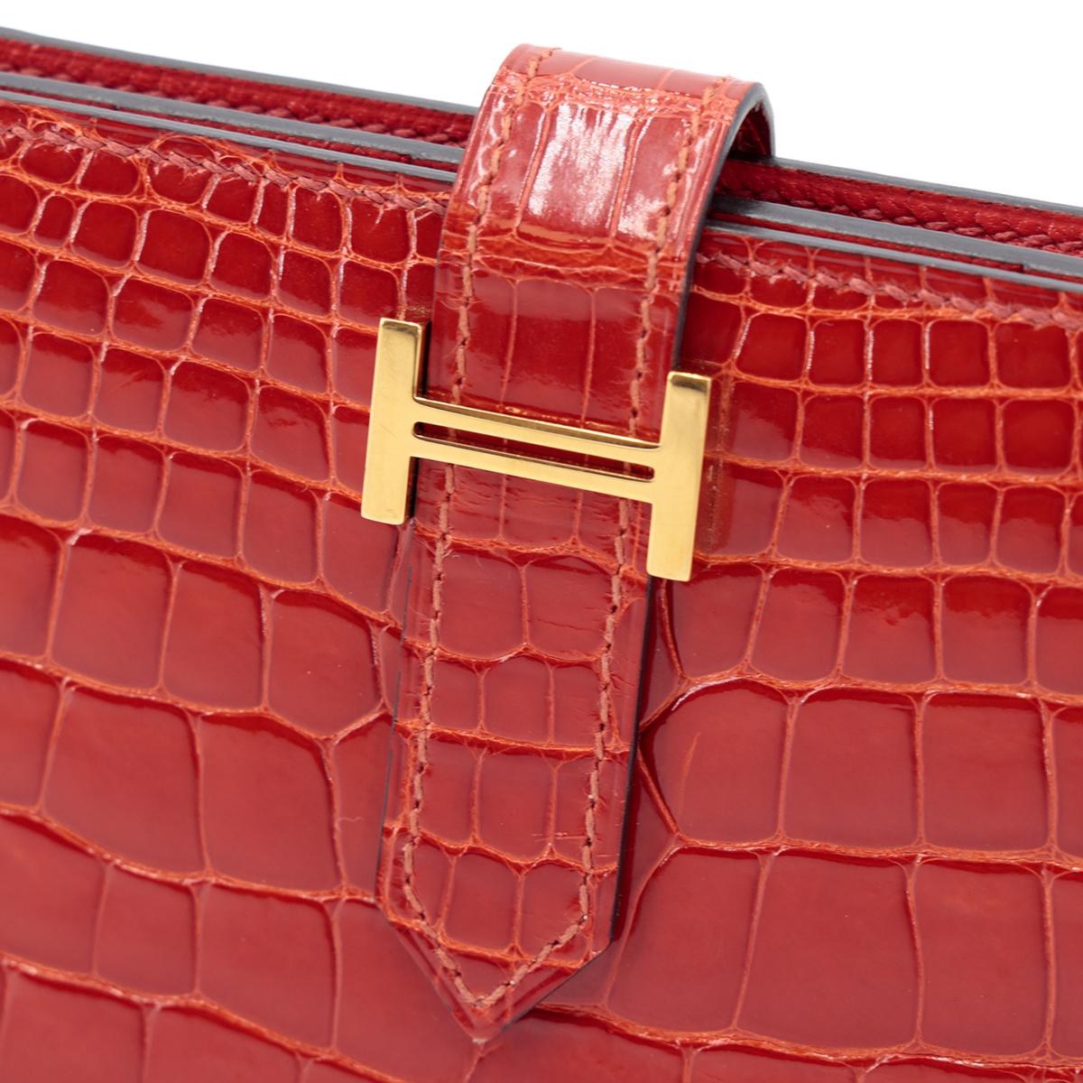 Very Good ( Rank A) HERMÈS Bearn Soufflet Sanguine (9M) Alligator Gold hardware Square R (2014) - 17