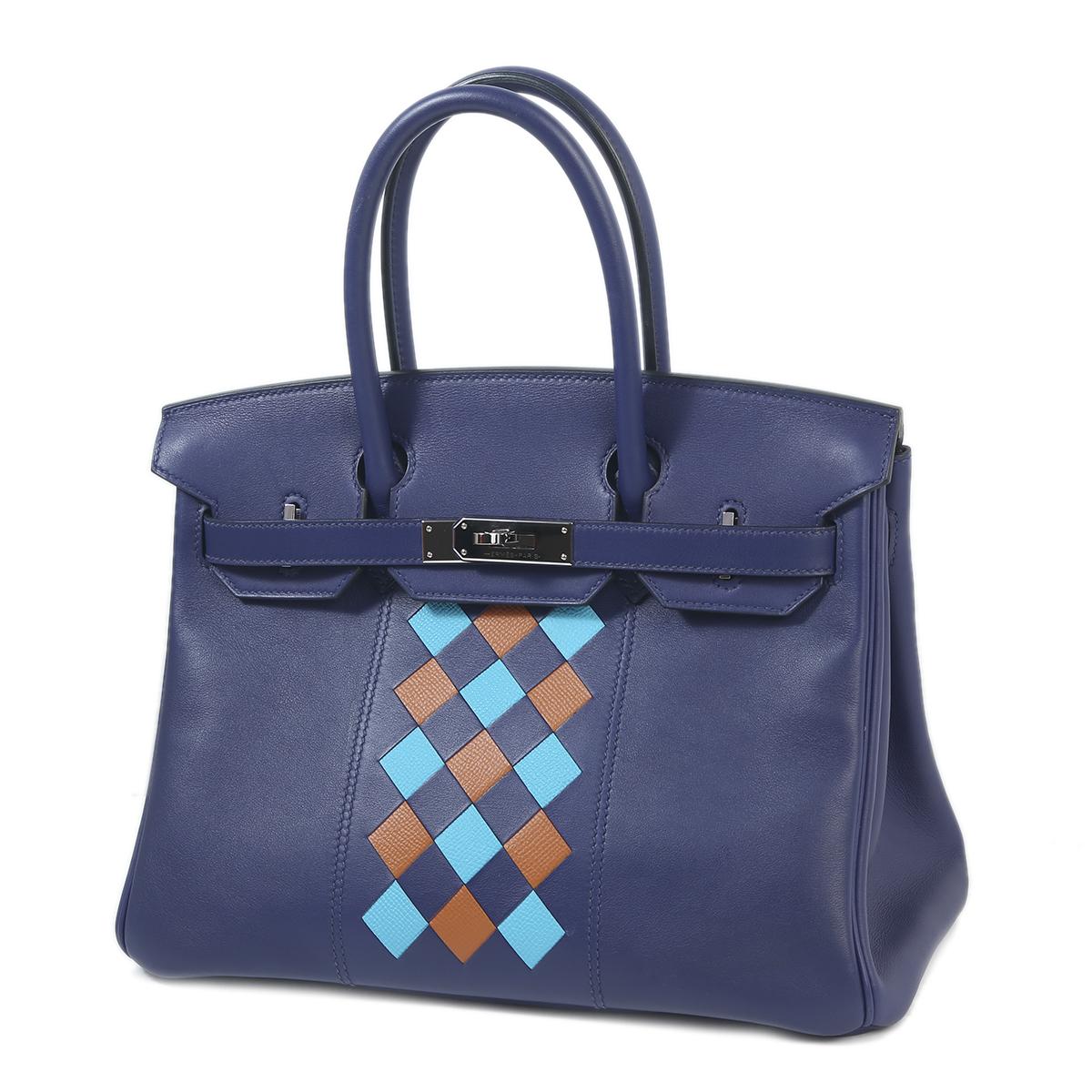 [中古] HERMÈS 愛馬仕 限量款 Birkin 30 鉑金包 Tressage De Cuir 菱格紋 M3 Blue Encre 墨水藍 37 Gold 金棕 P3 Blue du Nord 北方藍 Swift牛皮 銀扣 - 2