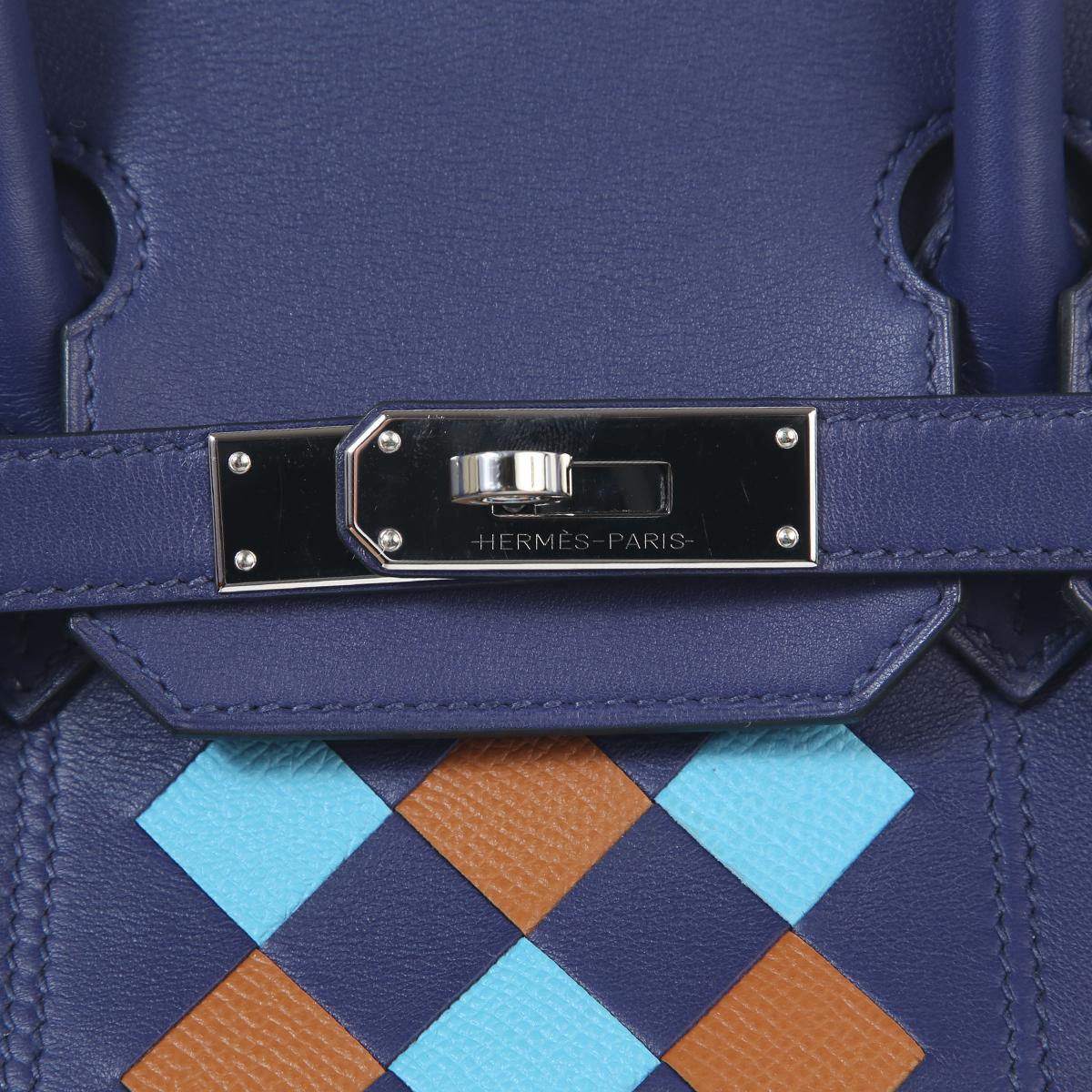 [中古] HERMÈS 愛馬仕 限量款 Birkin 30 鉑金包 Tressage De Cuir 菱格紋 M3 Blue Encre 墨水藍 37 Gold 金棕 P3 Blue du Nord 北方藍 Swift牛皮 銀扣 - 12