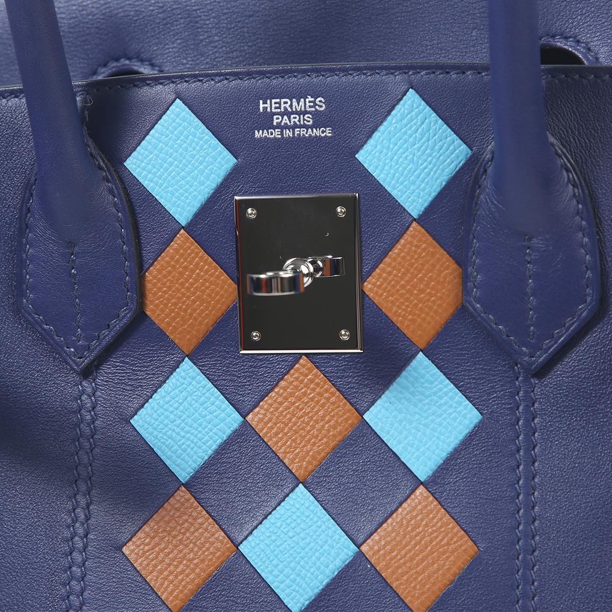 [中古] HERMÈS 愛馬仕 限量款 Birkin 30 鉑金包 Tressage De Cuir 菱格紋 M3 Blue Encre 墨水藍 37 Gold 金棕 P3 Blue du Nord 北方藍 Swift牛皮 銀扣 - 13