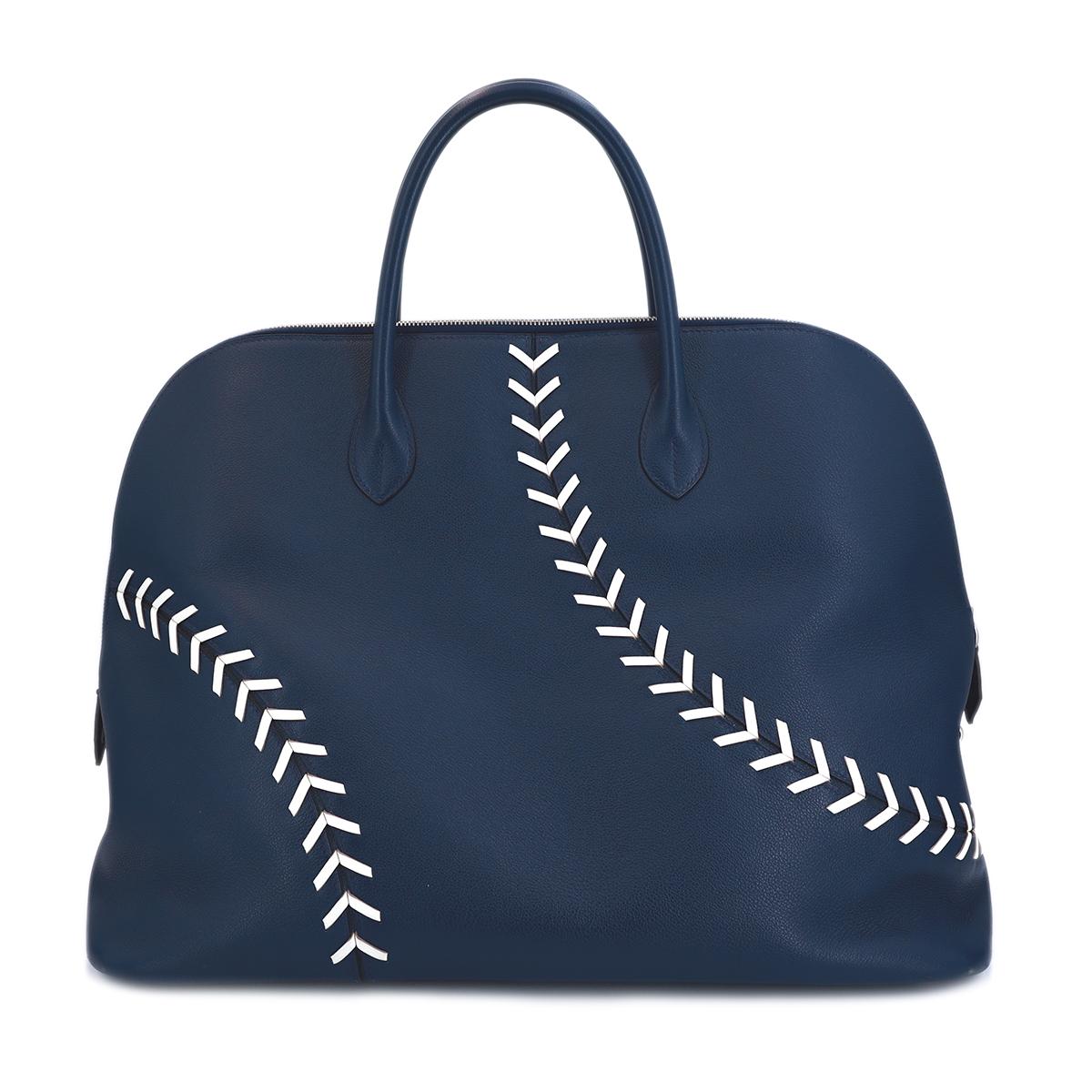 HERMÈS Limited Edition Bolide 1923 Baseball 45 handbag in Blue De Malte and Snow White Evercolor leather with Palladium hardware - 3