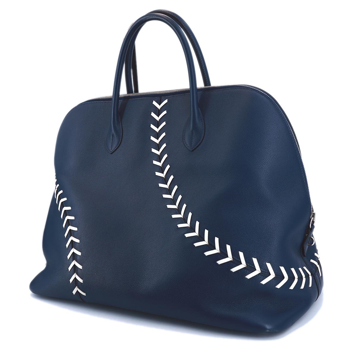HERMÈS Limited Edition Bolide 1923 Baseball 45 handbag in Blue De Malte and Snow White Evercolor leather with Palladium hardware - 2