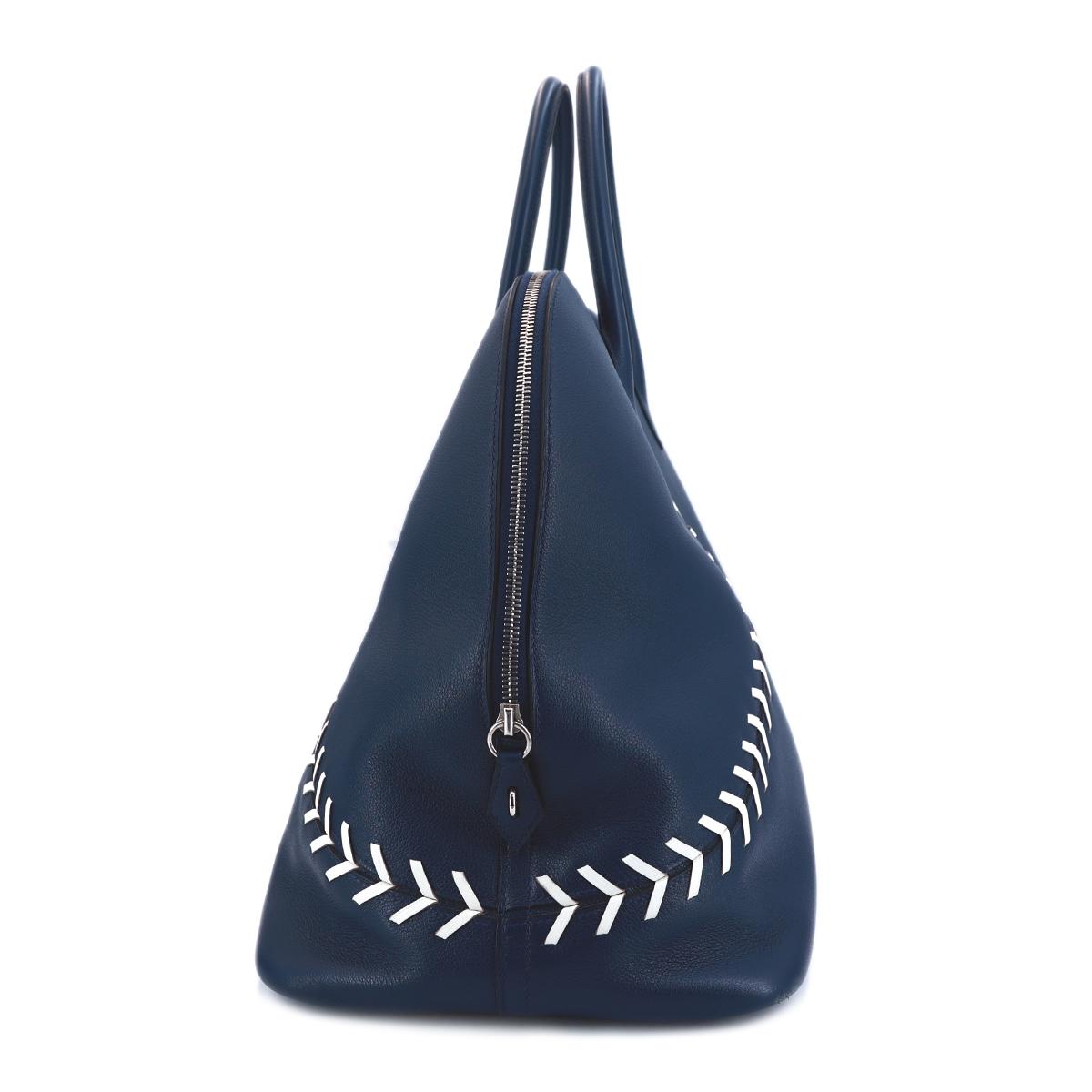 HERMÈS Limited Edition Bolide 1923 Baseball 45 handbag in Blue De Malte and Snow White Evercolor leather with Palladium hardware - 4
