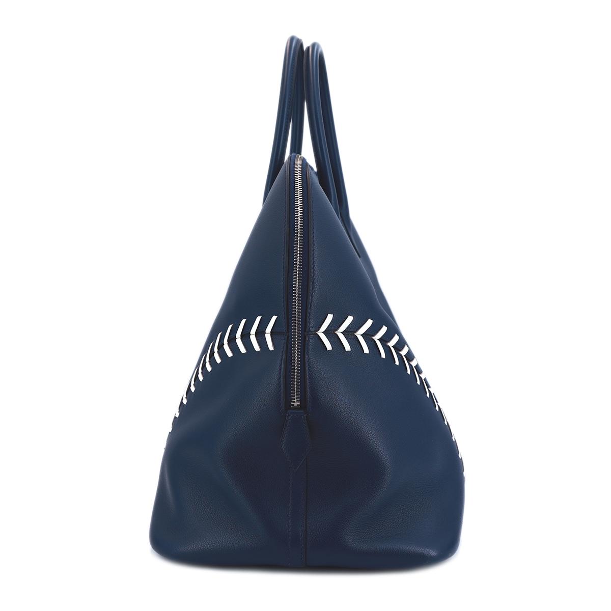 HERMÈS Limited Edition Bolide 1923 Baseball 45 handbag in Blue De Malte and Snow White Evercolor leather with Palladium hardware - 5