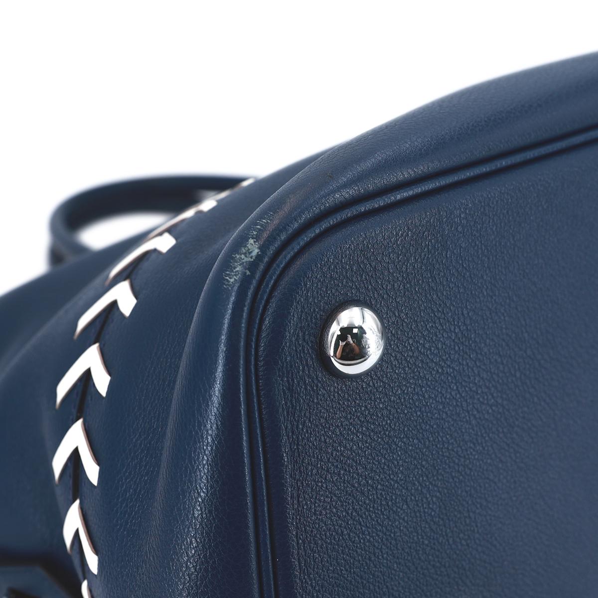 HERMÈS Limited Edition Bolide 1923 Baseball 45 handbag in Blue De Malte and Snow White Evercolor leather with Palladium hardware - 9