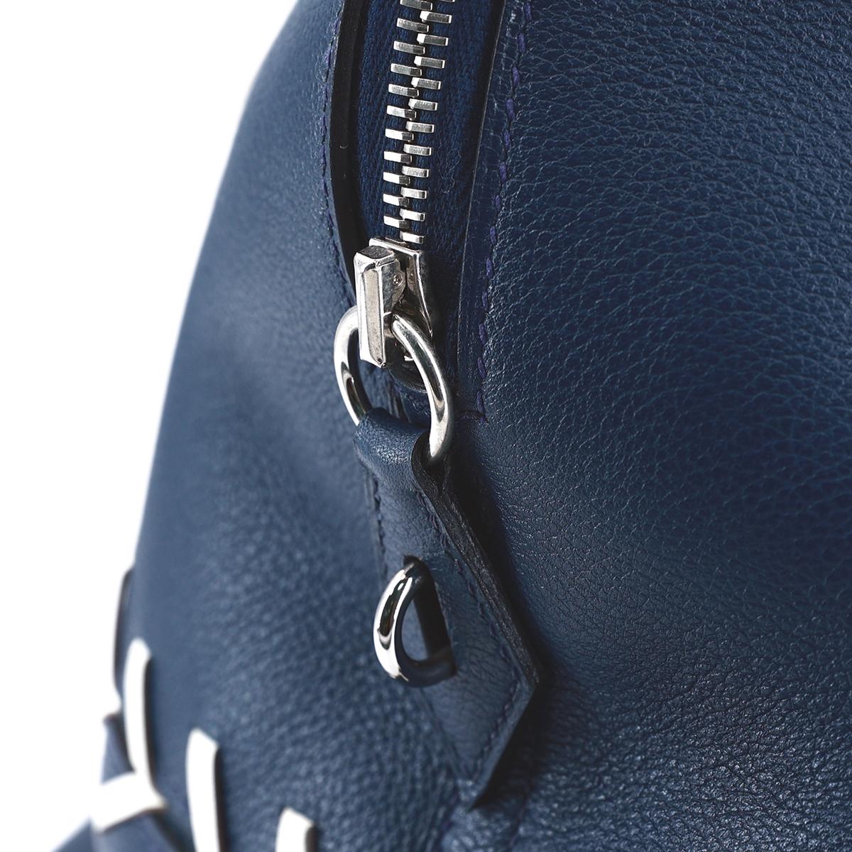 HERMÈS Limited Edition Bolide 1923 Baseball 45 handbag in Blue De Malte and Snow White Evercolor leather with Palladium hardware - 12
