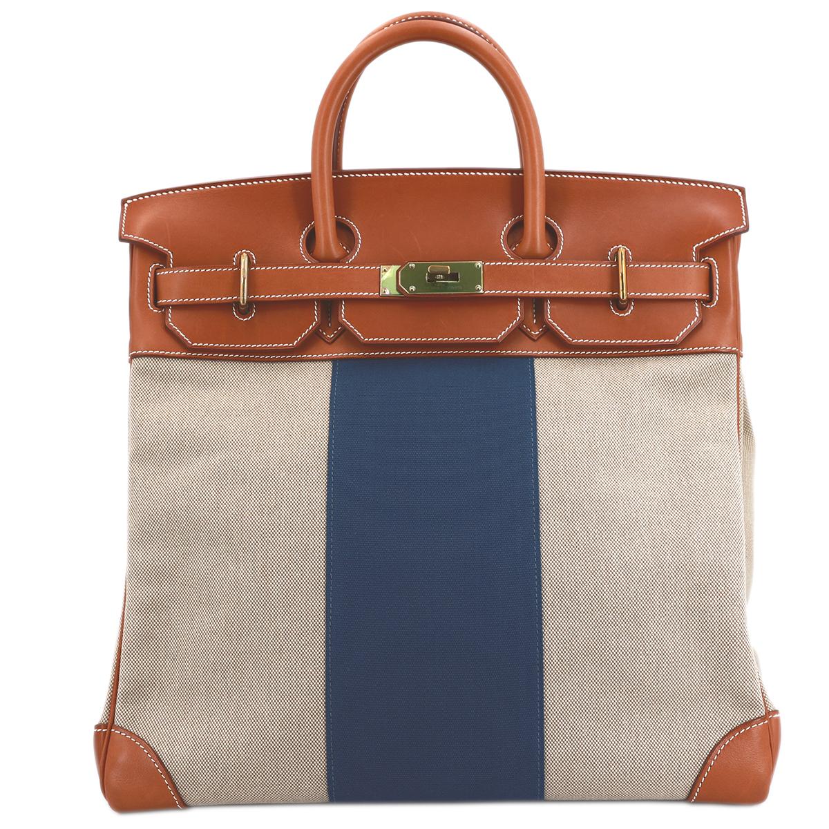 HERMÈS Haut à Courroies 40 HAC travel bag in Bleu, Fauve and Ficelle Barenia leather and Toile H Canvas with Gold hardware - 1