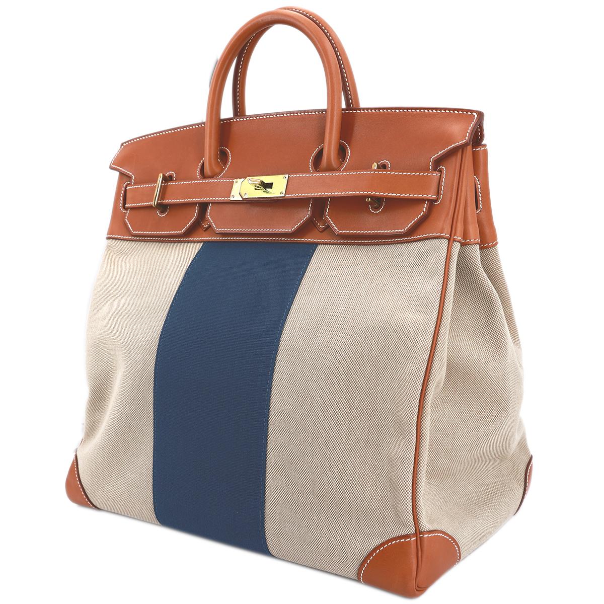 HERMÈS Haut à Courroies 40 HAC travel bag in Bleu, Fauve and Ficelle Barenia leather and Toile H Canvas with Gold hardware - 2