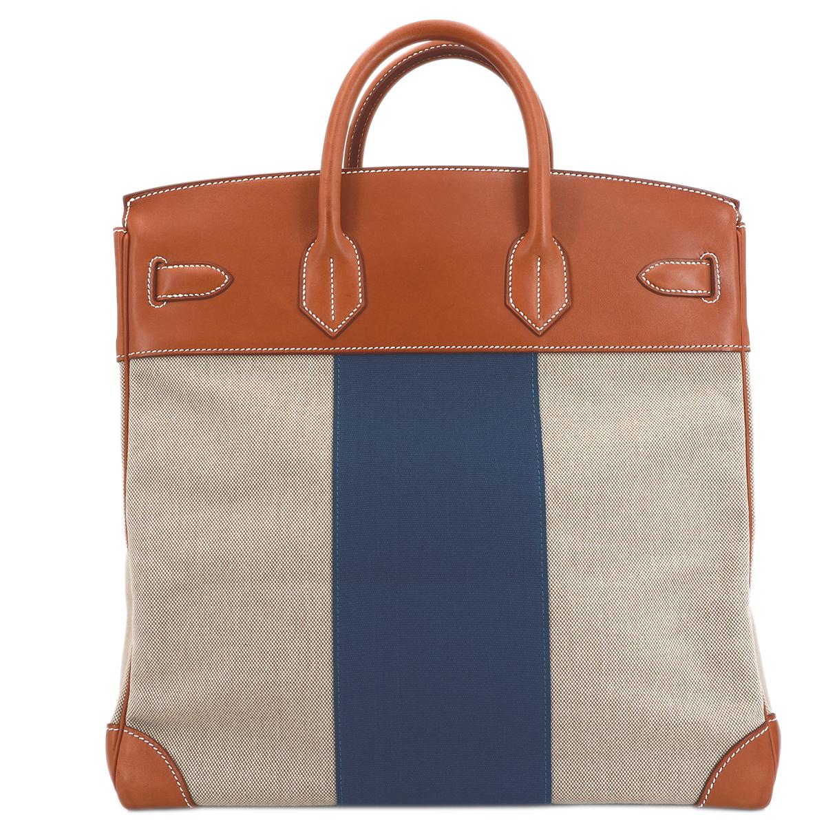 HERMÈS Haut à Courroies 40 HAC travel bag in Bleu, Fauve and Ficelle Barenia leather and Toile H Canvas with Gold hardware - 3