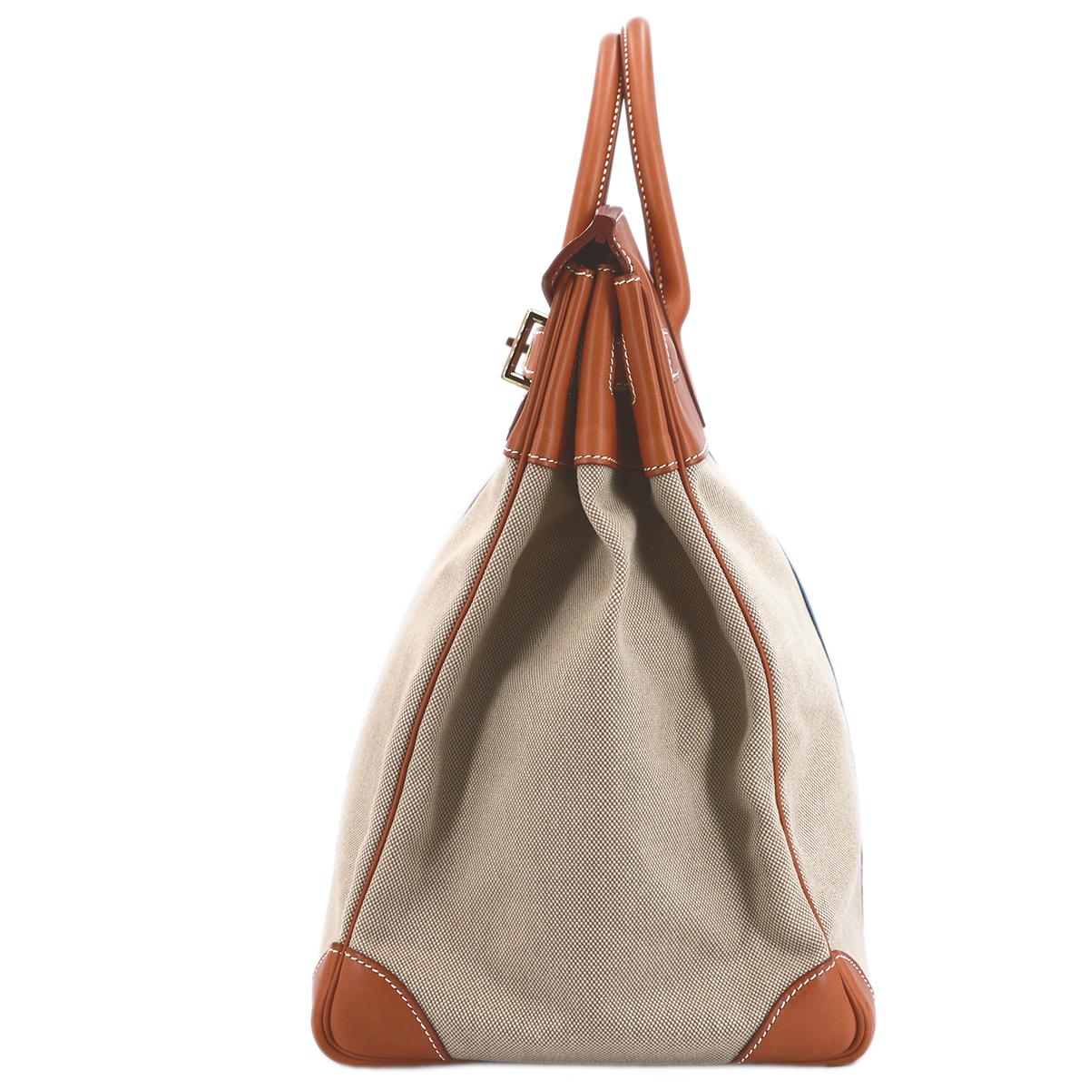 HERMÈS Haut à Courroies 40 HAC travel bag in Bleu, Fauve and Ficelle Barenia leather and Toile H Canvas with Gold hardware - 4