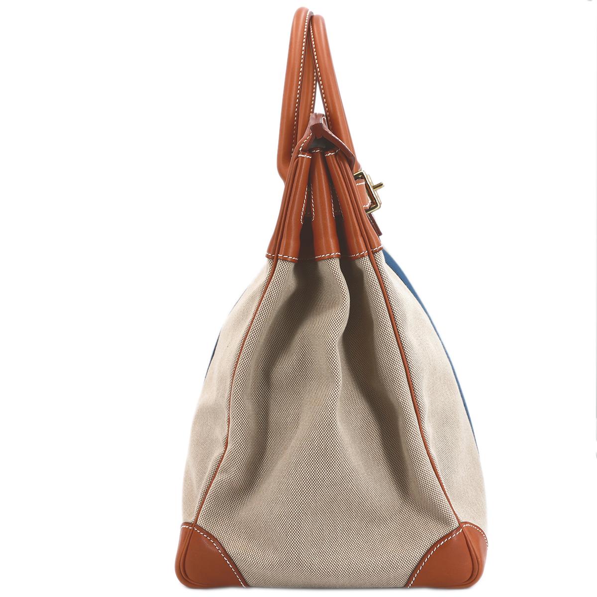 HERMÈS Haut à Courroies 40 HAC travel bag in Bleu, Fauve and Ficelle Barenia leather and Toile H Canvas with Gold hardware - 5