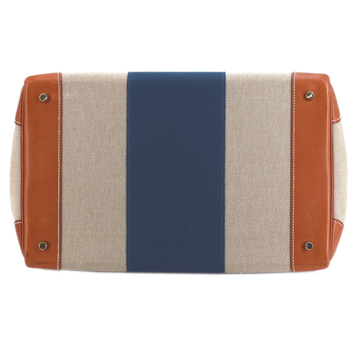 HERMÈS Haut à Courroies 40 HAC travel bag in Bleu, Fauve and Ficelle Barenia leather and Toile H Canvas with Gold hardware - 7