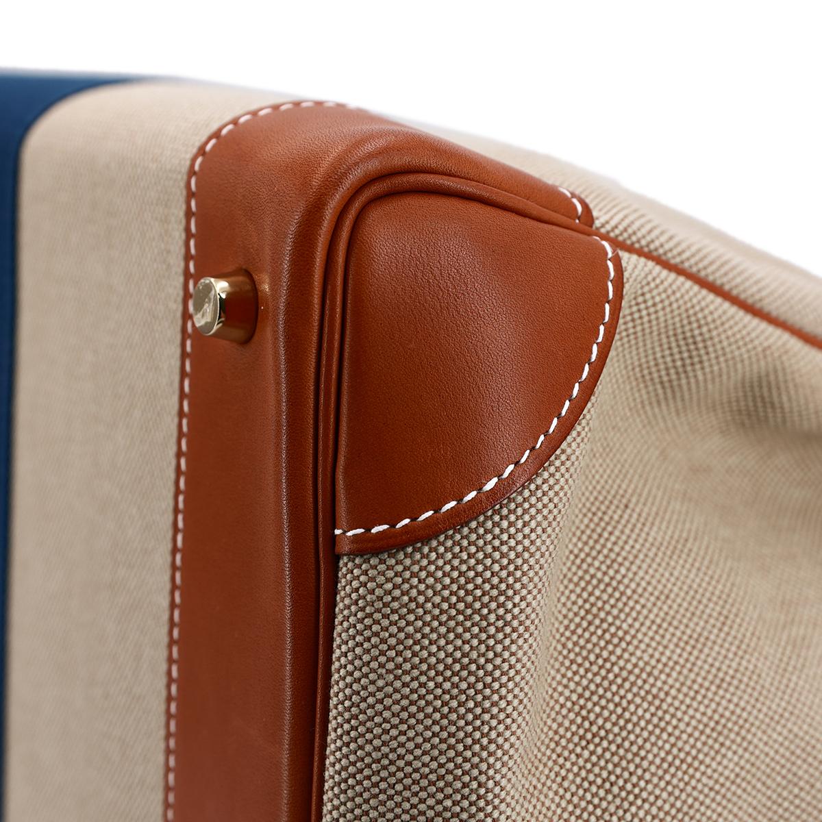 HERMÈS Haut à Courroies 40 HAC travel bag in Bleu, Fauve and Ficelle Barenia leather and Toile H Canvas with Gold hardware - 9