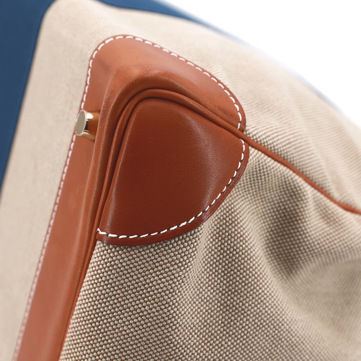HERMÈS Haut à Courroies 40 HAC travel bag in Bleu, Fauve and Ficelle Barenia leather and Toile H Canvas with Gold hardware - 11