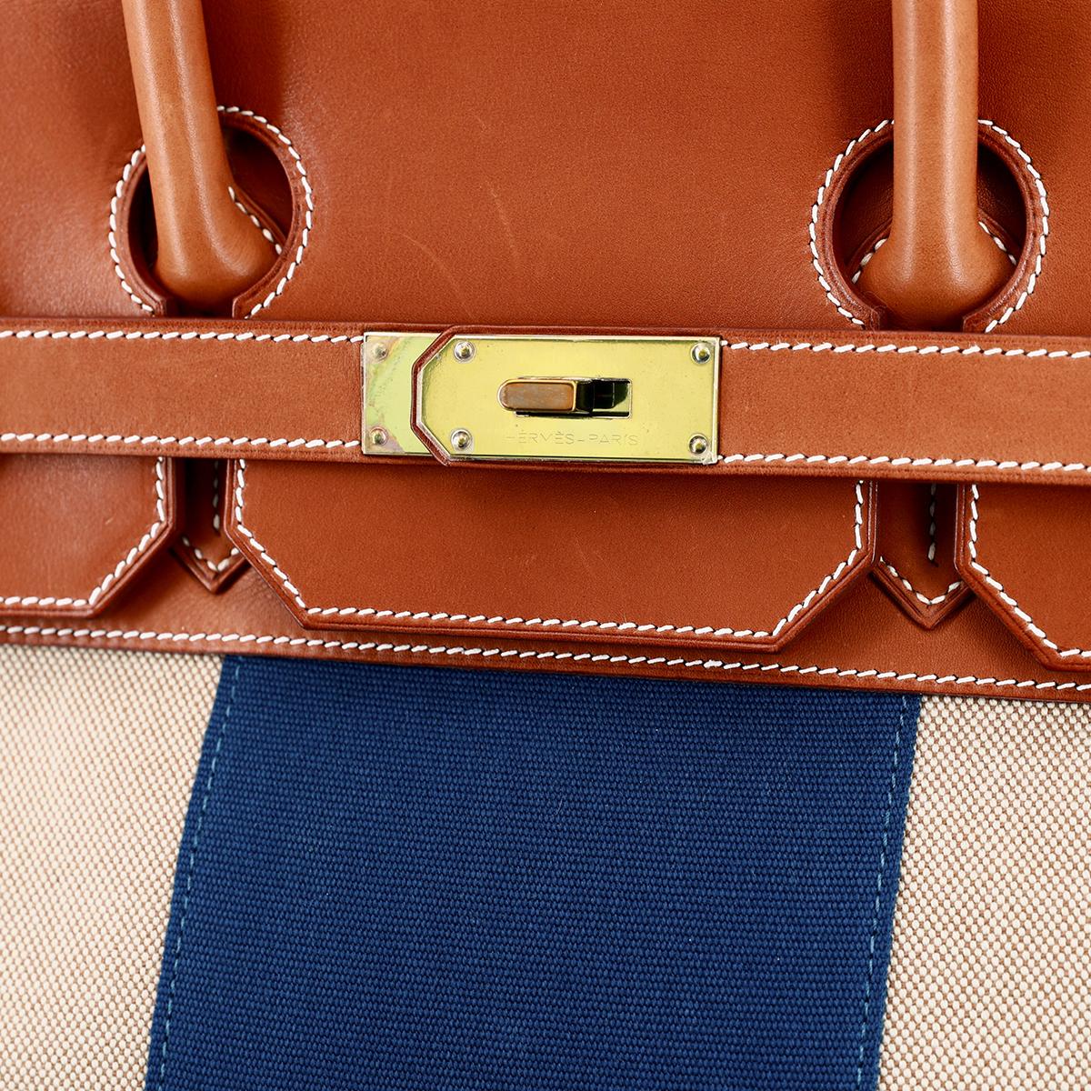 HERMÈS Haut à Courroies 40 HAC travel bag in Bleu, Fauve and Ficelle Barenia leather and Toile H Canvas with Gold hardware - 12