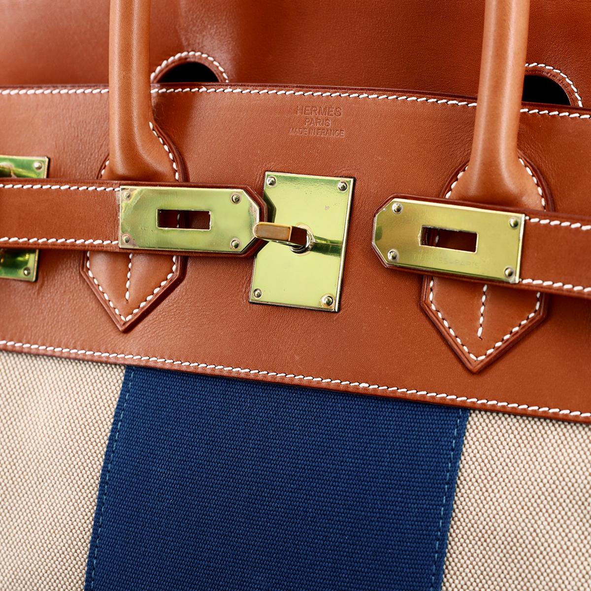 HERMÈS Haut à Courroies 40 HAC travel bag in Bleu, Fauve and Ficelle Barenia leather and Toile H Canvas with Gold hardware - 13
