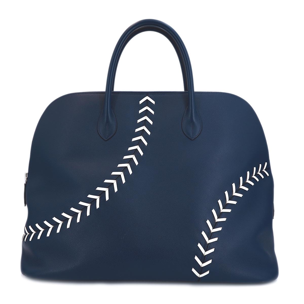 HERMÈS Limited Edition Bolide 1923 Baseball 45 handbag in Blue De Malte and Snow White Evercolor leather with Palladium hardware - 1