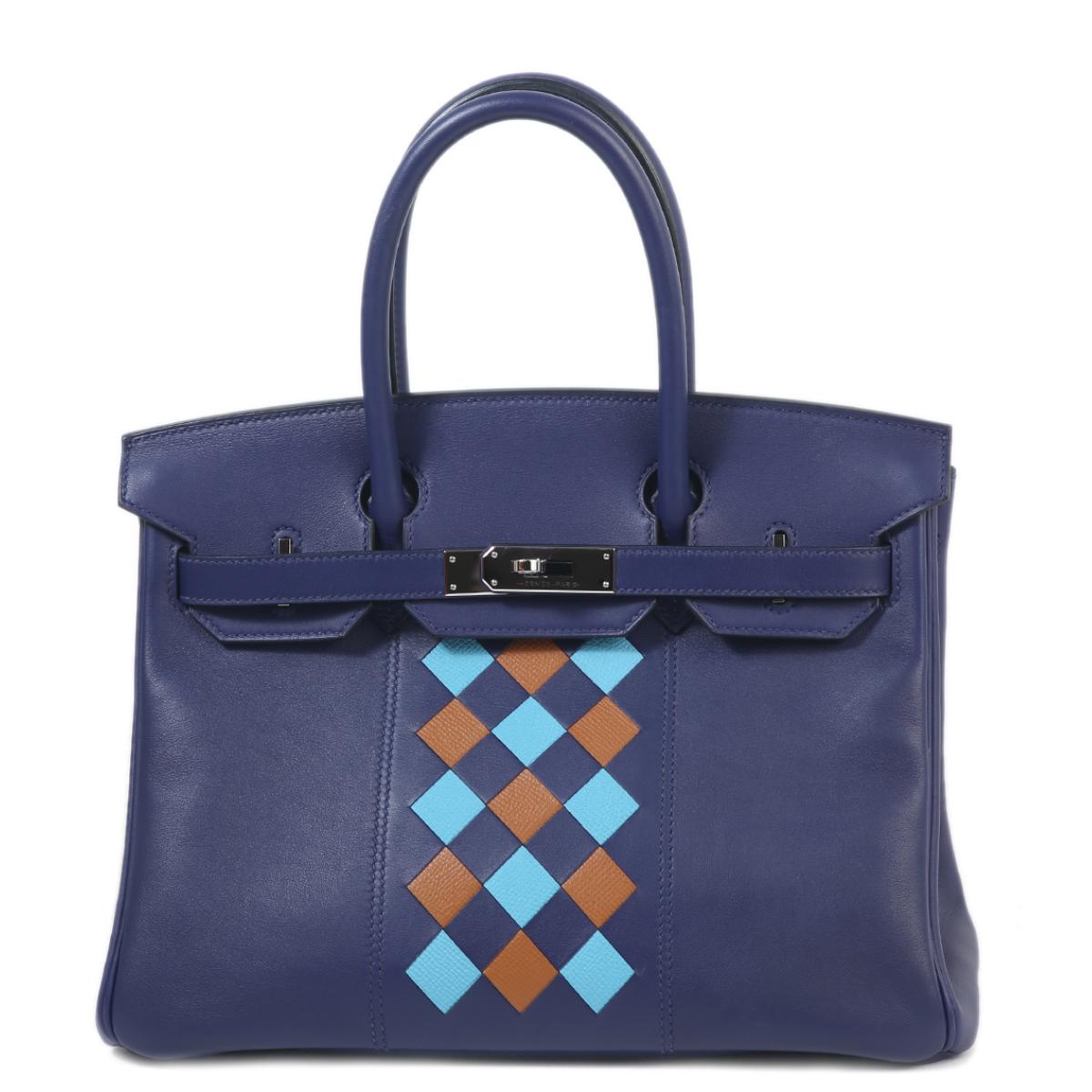 [中古] HERMÈS 愛馬仕 限量款 Birkin 30 鉑金包 Tressage De Cuir 菱格紋 M3 Blue Encre 墨水藍 37 Gold 金棕 P3 Blue du Nord 北方藍 Swift牛皮 銀扣 - 1