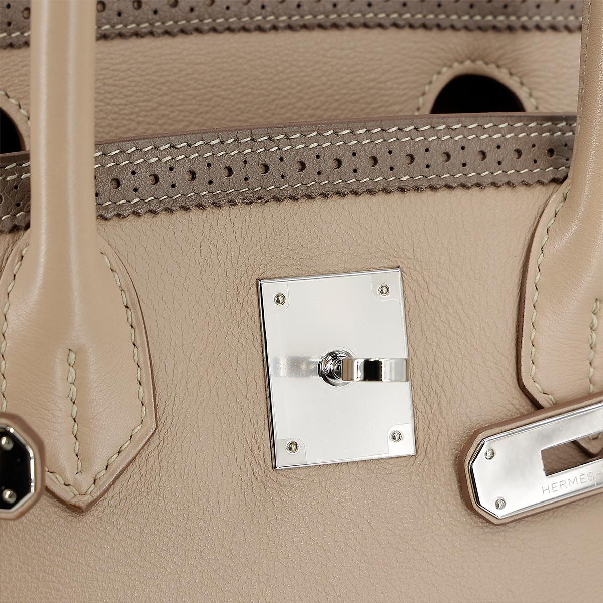HERMÈS Limited Edition Birkin Ghillies 30 handbag in Argile and Etoupe Swift leather with Palladium hardware - 15