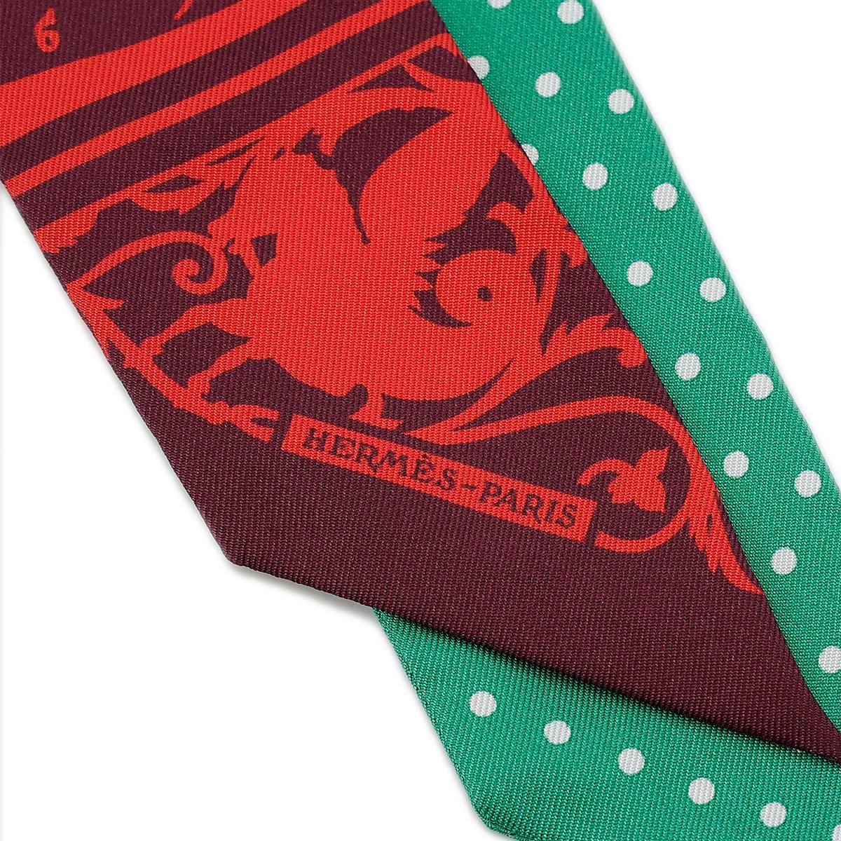 [全新] HERMÈS 愛馬仕 Twilly 絲帶 Red 紅色 Green 綠色 真絲 - 3