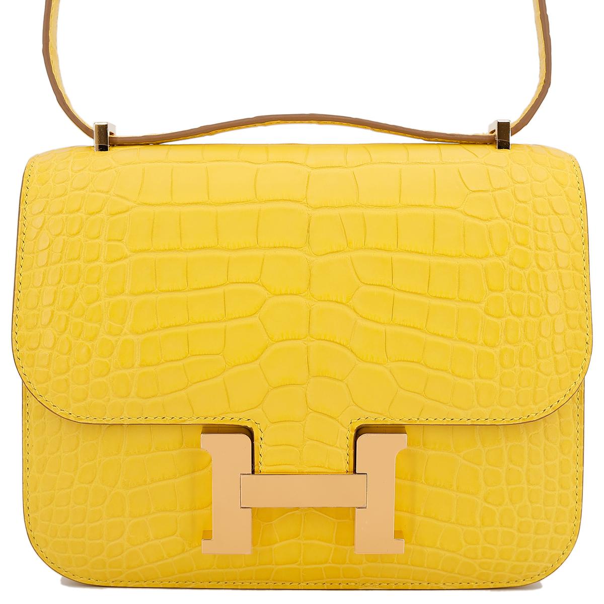 HERMÈS Matte Alligator Constance Mini 19 shoulder bag in Mimosa with Gold hardware  - 1
