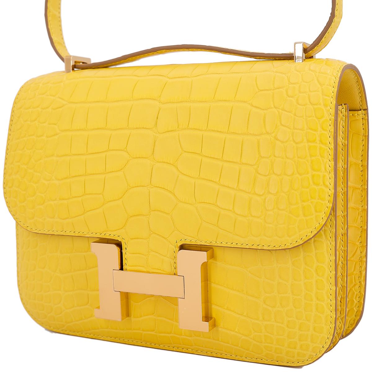 HERMÈS Matte Alligator Constance Mini 19 shoulder bag in Mimosa with Gold hardware  - 2