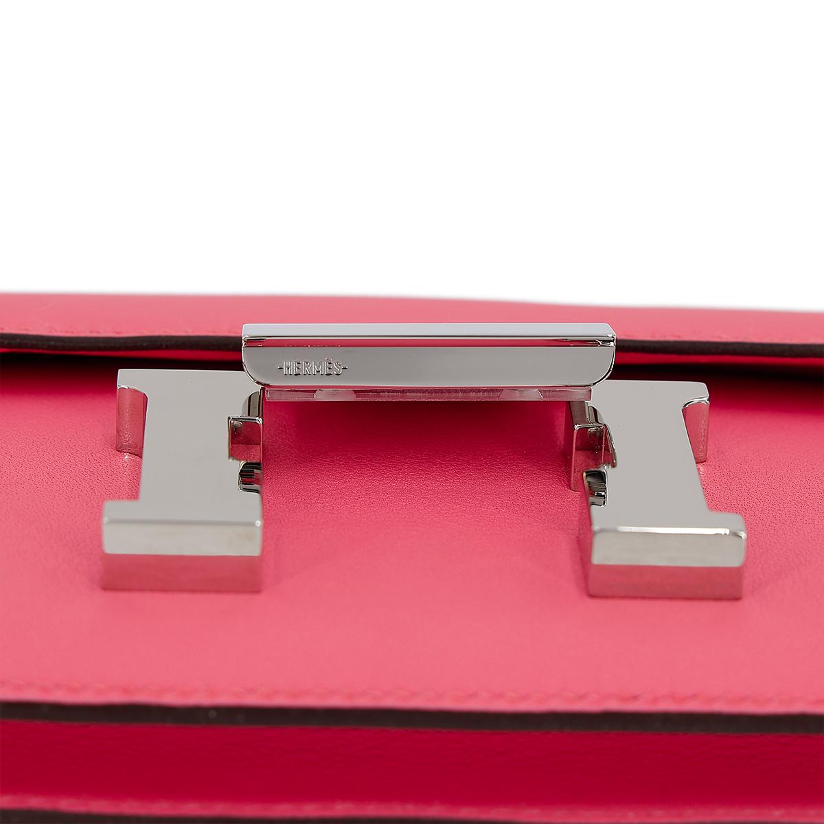 [中古] HERMÈS 愛馬仕 Constance Mini 19 康康 單肩包 8W Rose Azalee 脣膏粉 Swift牛皮 銀扣 - 14