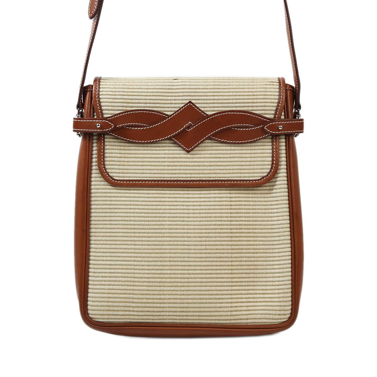 [中古] HERMÈS 愛馬仕 單肩包 棕色 馬毛編織 馬鞍皮 銀扣 - 1