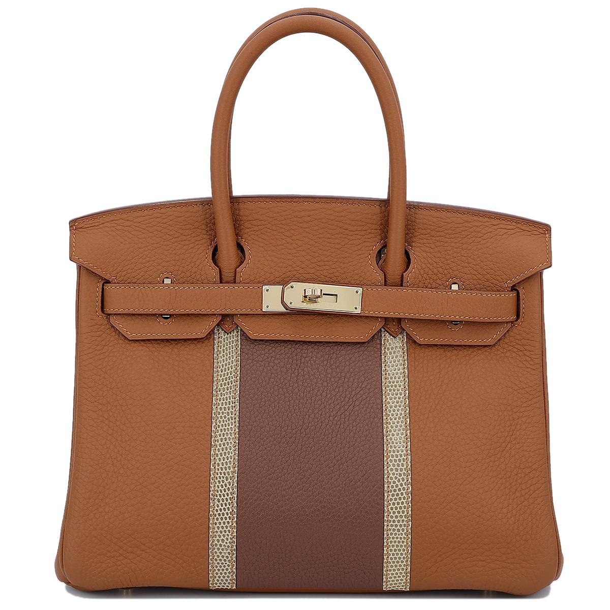 HERMÈS Limited Edition Birkin Club 30 handbag in Gold and Marron d'Inde  Clemence leather and Ficelle Lizard with Permabrass hardware - 1