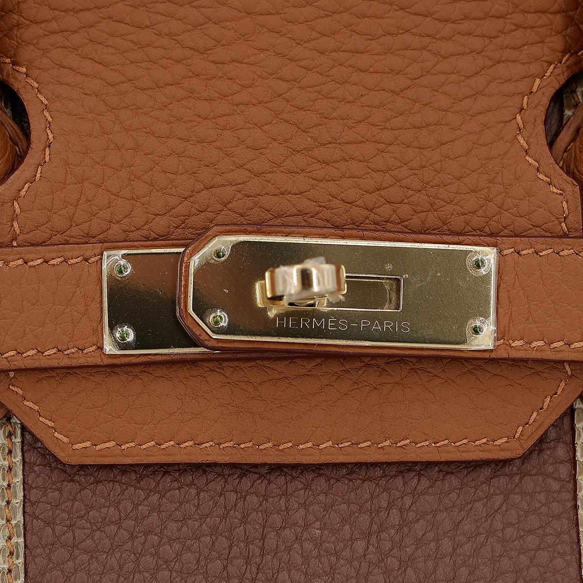 HERMÈS Limited Edition Birkin Club 30 handbag in Gold and Marron d'Inde  Clemence leather and Ficelle Lizard with Permabrass hardware - 12