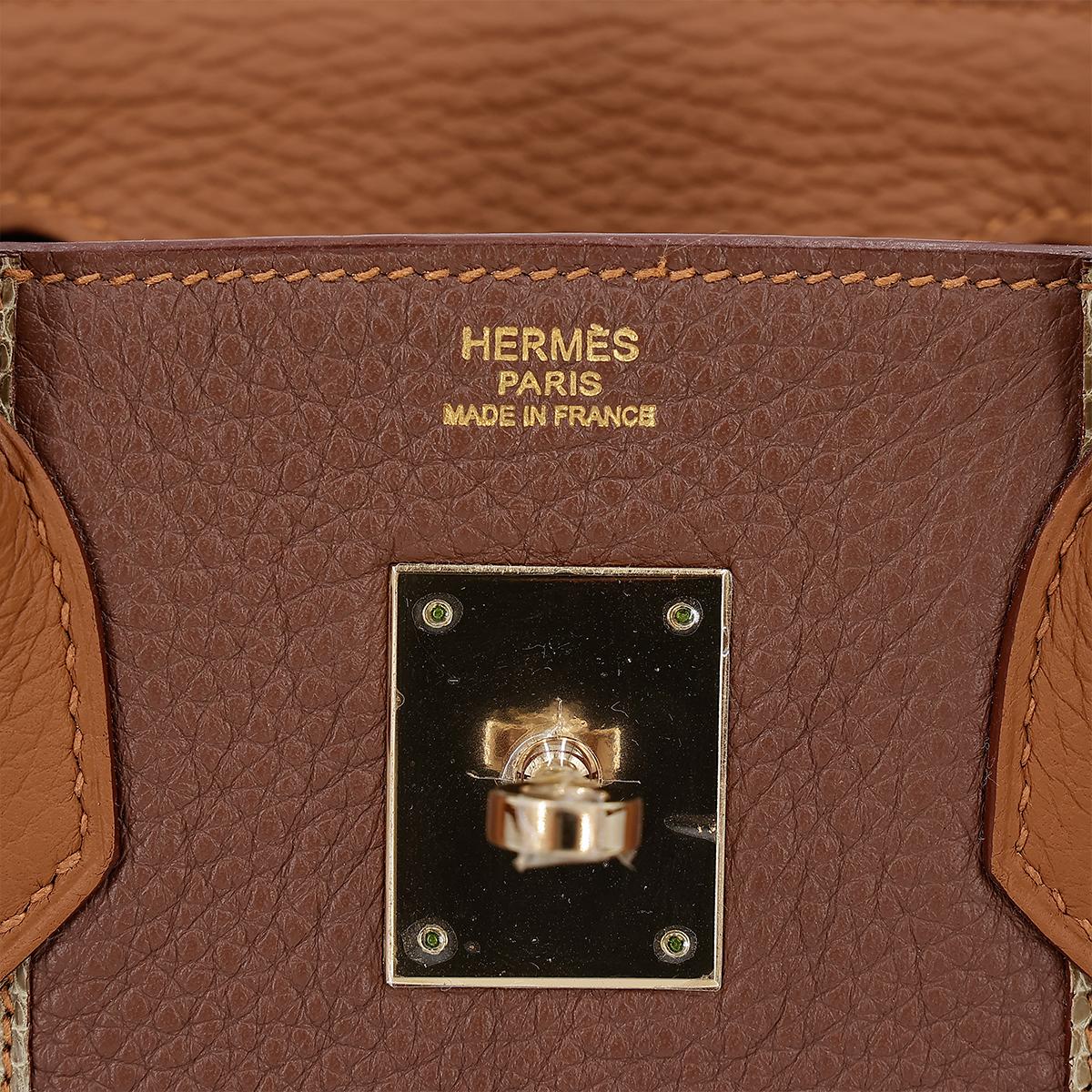 HERMÈS Limited Edition Birkin Club 30 handbag in Gold and Marron d'Inde  Clemence leather and Ficelle Lizard with Permabrass hardware - 13