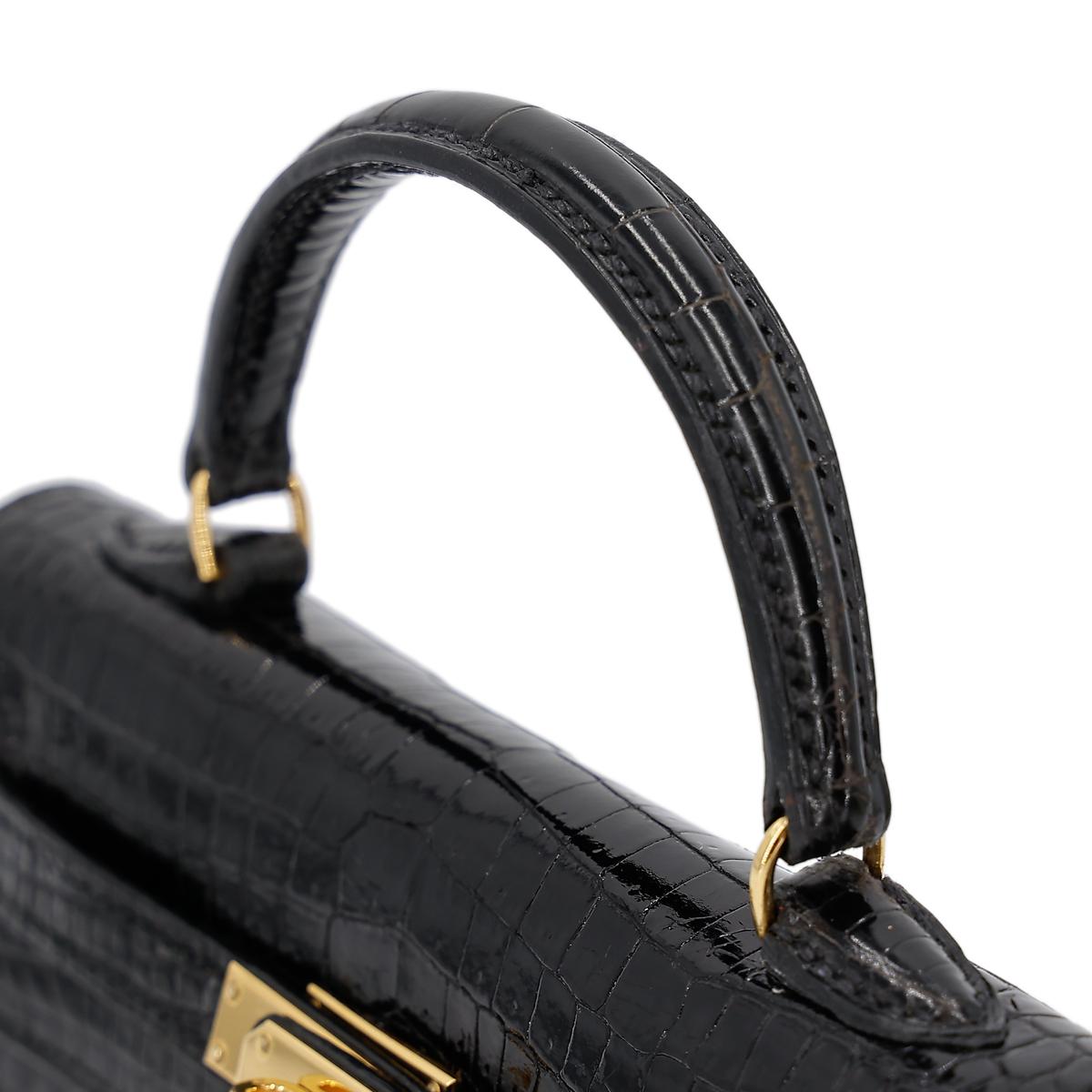 Very Good ( Rank A) HERMÈS Mini Mini Kelly Black (89) Porosus Crocodile Gold hardware Circle V (1992) - 6