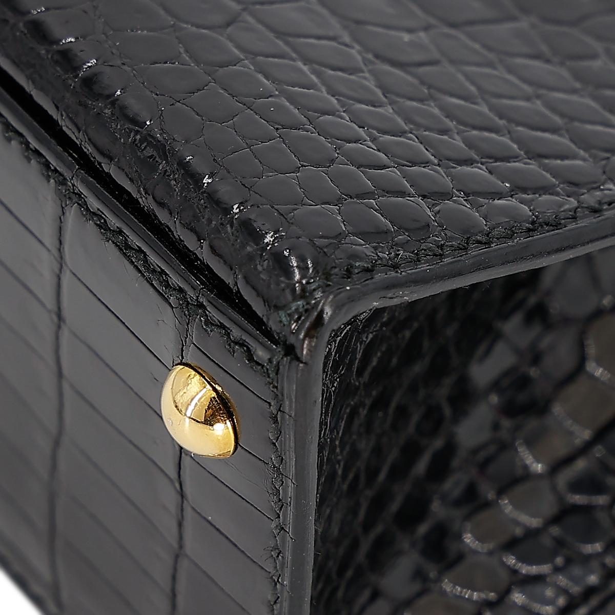 Very Good ( Rank A) HERMÈS Mini Mini Kelly Black (89) Porosus Crocodile Gold hardware Circle V (1992) - 13