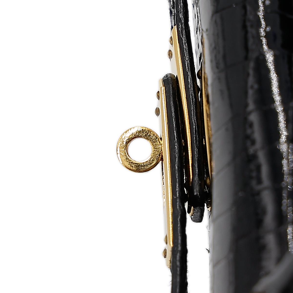 Very Good ( Rank A) HERMÈS Mini Mini Kelly Black (89) Porosus Crocodile Gold hardware Circle V (1992) - 16